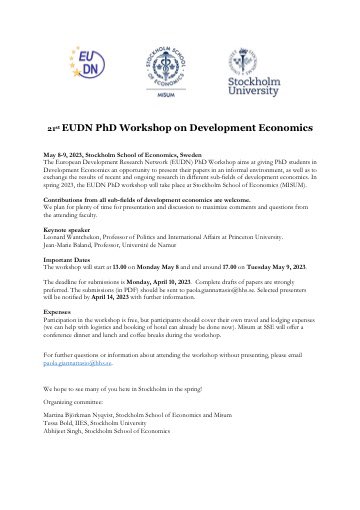 PhD students working on development in a European institution, consider applying to the next EUDN PhD workshop, to take place in Stockholm May 8-9. Keynotes by Leonard Wantchekon and Jean-Marie Baland. Organized by @bjorkmanmartina @singhabhi @TessaBold