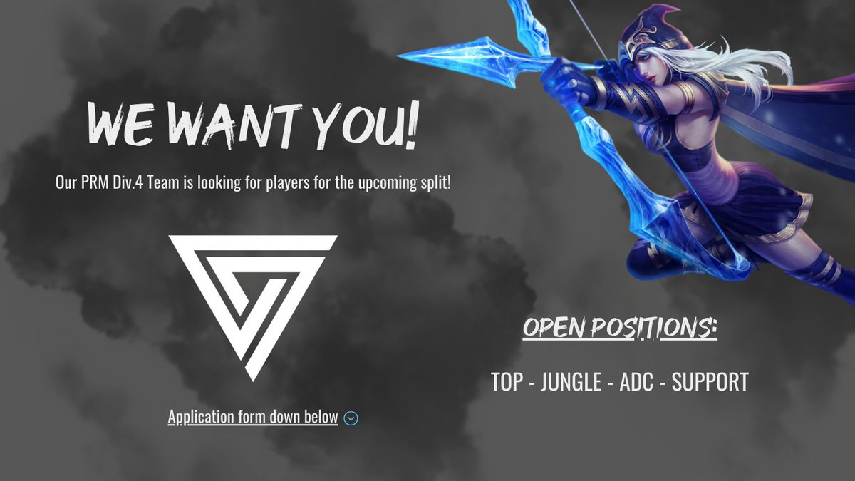 [#HIVElol #esports]
⬇️ Applications opened ⬇️

Do you want to be a part of our Team? 
Our PRM Div. 4 Team is looking for players on all roles expect midlane for the upcoming split!  

Preferably DACH residency, M+

Application form &amp; more informations below 👇