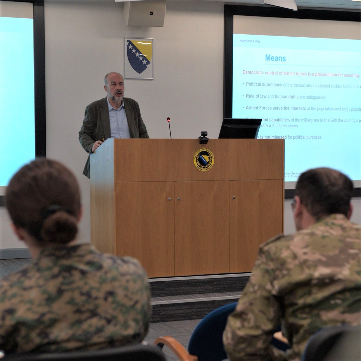 OSCEBiH's tweet photo. Today a representative of the @OSCEBiH delivered the presentation on the topic “Democratic Control over Armed Forces” at the Int. Staff Officer Skills Course organized by &amp; held in the #PSOTC in #CampButmir, #Sarajevo. https://t.co/eF2IIQQw7n