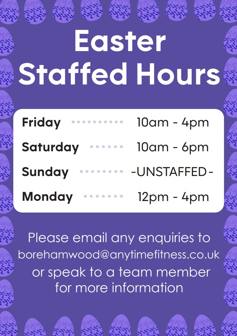 We will continue to be open 24/7 for all of our members this Easter but have limited staffed hours so please see attached hours over Easter. Wishing you all a good break whatever you're doing.

#Easter #247gym #bankholiday