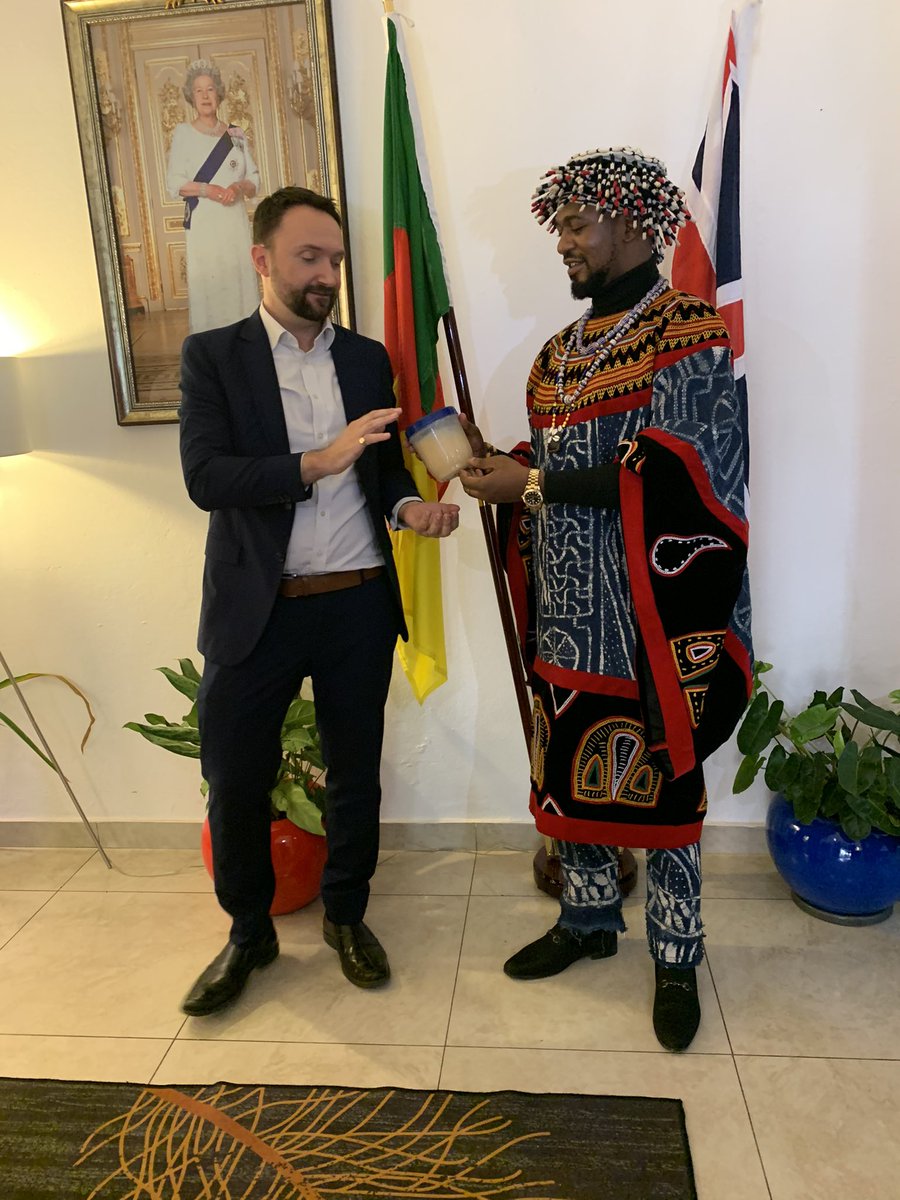 ChrisDennysUK's tweet photo. It was wonderful to meet Hrh the Fon of Oku and members of his leadership. We tasted the famous Oku White Honey 🍯 🐝 and discussed the ways in which the community strives for peace in the North West region of Cameroon🇨🇲 . @fon_oku https://t.co/nQVVwdnIWT