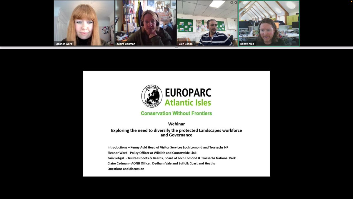 Great being on Europarc webinar chaired by <a href="/KAOutdoorAccess/">Kenny Auld</a> <a href="/lomondtrossachs/">Loch Lomond & The Trossachs</a> #diversity #outdoors #nature #governance