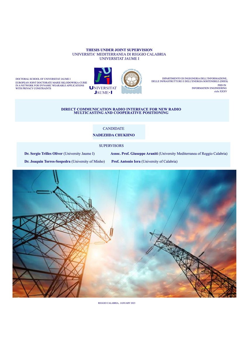 jtorres_phd's tweet photo. 📢 PhD Defence "Direct Communication Radio Interface for New Radio Multicasting and Cooperative
Positioning" by @NadezhdaChukhno 
 
📅 Monday April 3rd, 2023
🕚 From 15:00 (CEST🇮🇹)
📍 Aula di Teledidattica @UniRCMedi

@A_WEAR_Project @geotecUJI https://t.co/FzMOE4UYrQ