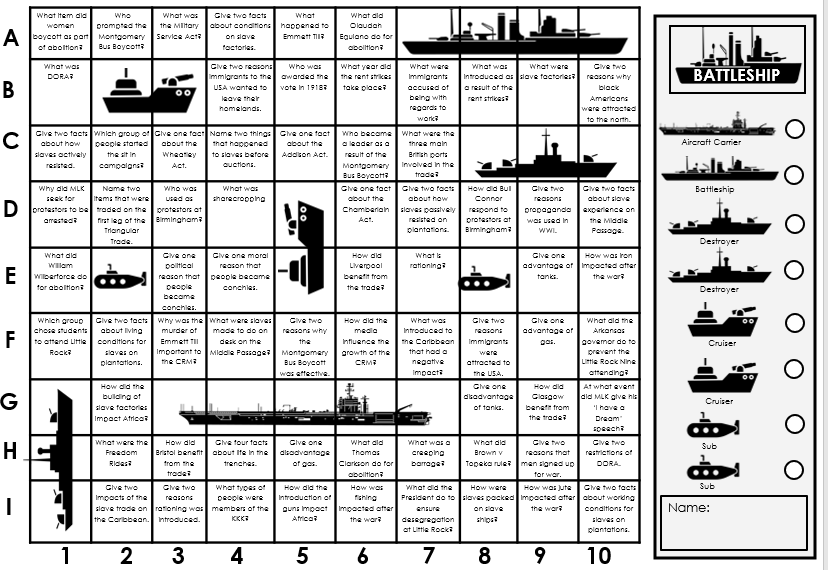 Some battleships revision on Free At Last, Era of the Great War and Atlantic Slave Trade ready to go for after the holidays. 4 sheets, two sets of questions! Teams link in comments.