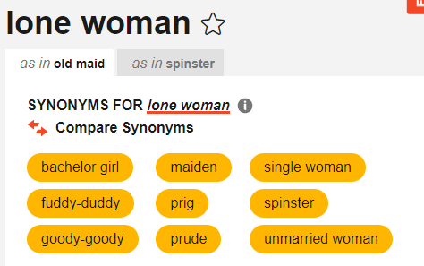 PinkLadoo's tweet photo. I put 'lone woman' into https://t.co/pNiHFoDY2D like 
@masumaahuja suggested. No synonyms for 'lone man' but lone woman, aka old maid, aka spinster, aka fuddy-duddy etc. Why are we surprised that some girls are 'obsessed' with marriage when single women are demonised like this? https://t.co/6NIrHYKMCs