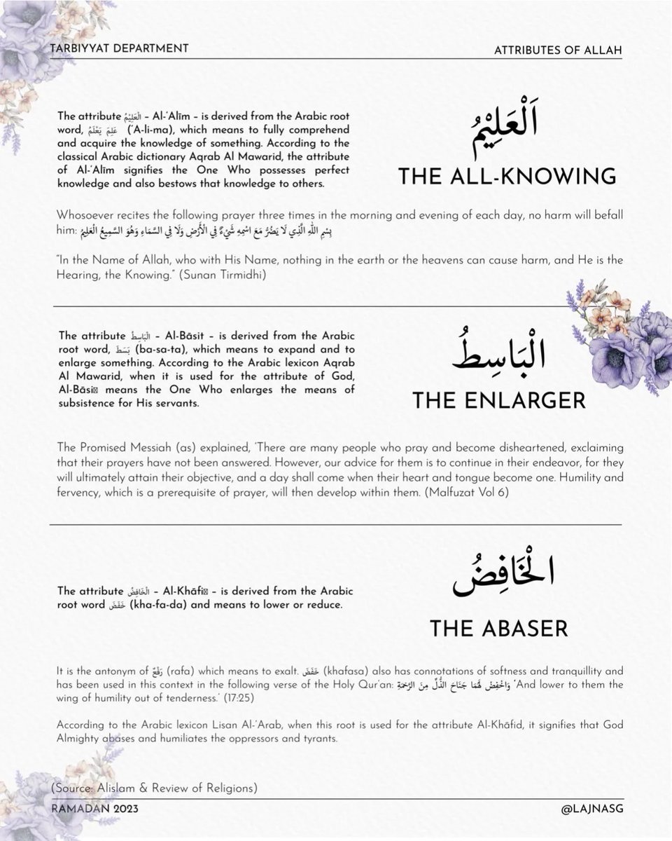 LajnaSG's tweet image. 8/30 - Ramadan Series on Attributes of Allah

The All-Knowing
The Enlarger
The Abaser

#AttributesofAllah #Allah #Ramadan