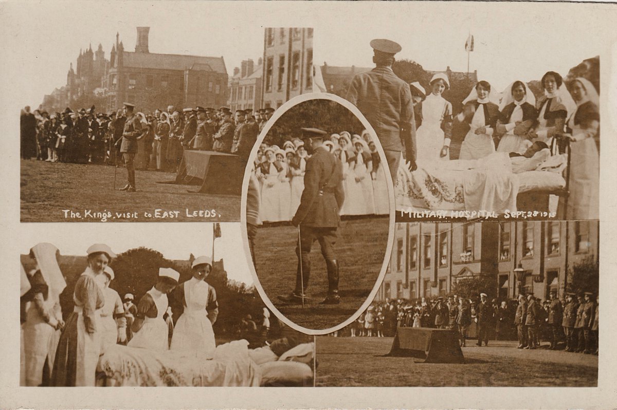 The Kings visit to East Leeds Military Hospital September 28th 1915. Unposted local production by unknown publisher. Now @thackraymuseum . @ChrisNickson2 has just done a very interesting YouTube video about the hospital when it was previously a workhouse youtube.com/watch?v=LYOlvA…