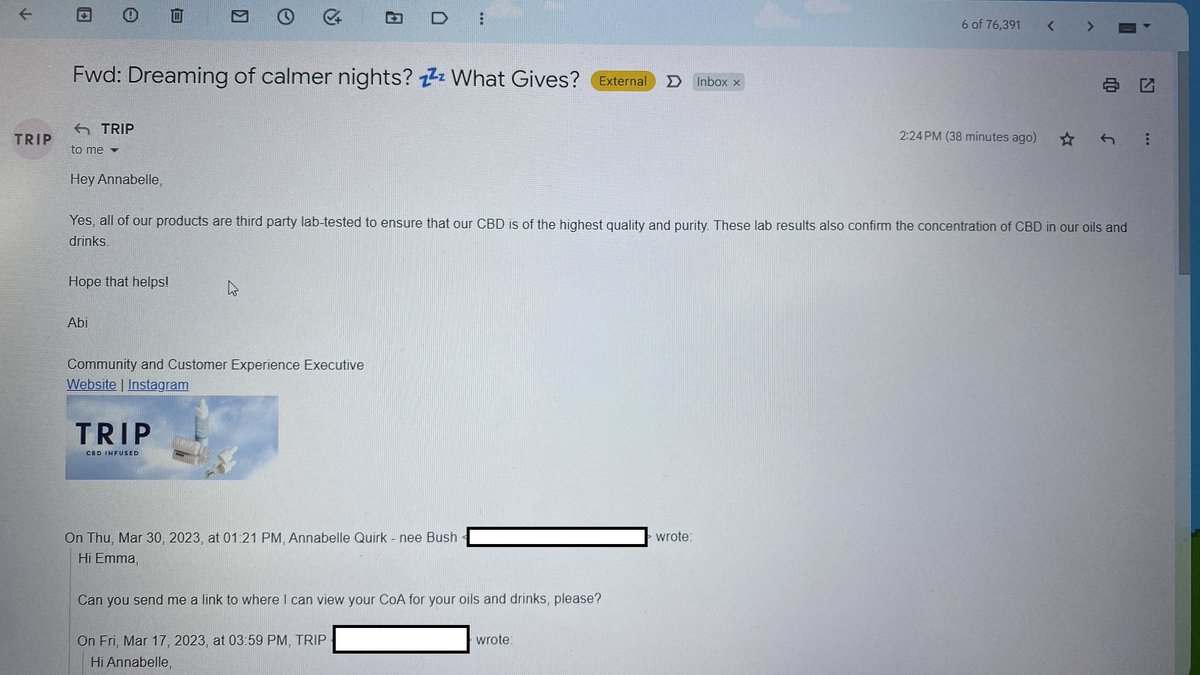 annabellecat's tweet photo. @trip_cbd Thnx for the quick response, but you haven’t answered my question. Please can you direct me to where I can view your Certificate of Analysis for your oils &amp; drinks #cbd #cbdoils #cannabinoids #tripcbd https://t.co/9YQomnIAtQ