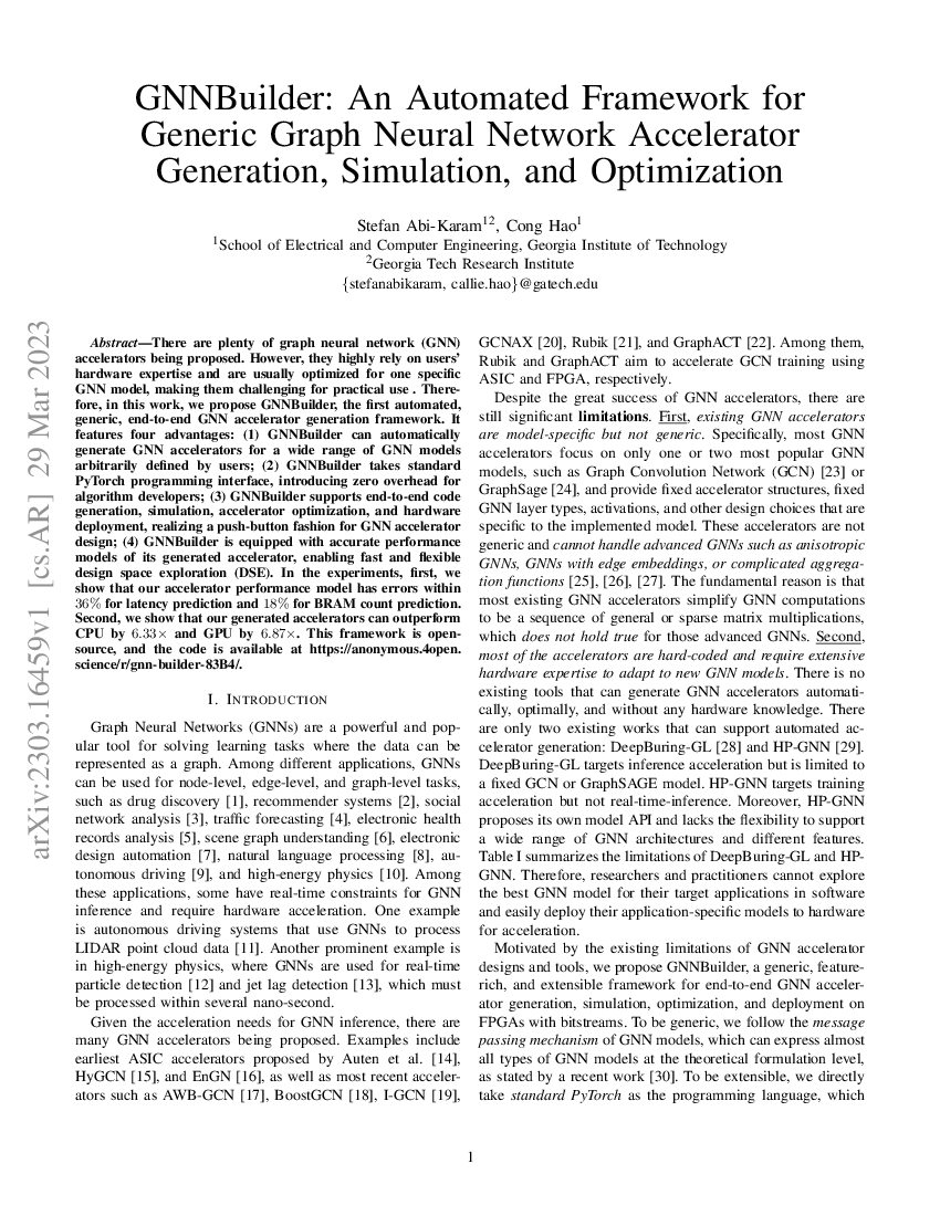 summarizedml's tweet photo. GNNBuilder, the first automated, generic,generic, end-to-end GNN accelerator generation framework.
📄 https://t.co/OMGeDMMTZz https://t.co/bTv6XiKmtL