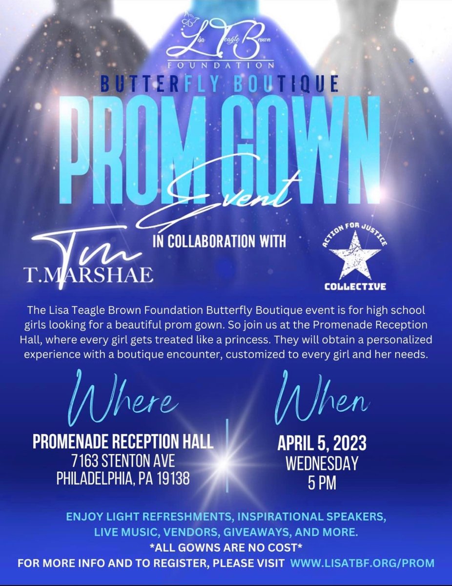 LisaTBF's tweet photo. The location of the LTB Foundation Butterfly Boutique Prom Gown Event has changed. 

Promenade Reception Hall
7163 Stenton Ave. 
Phila., Pa 19138

Please share this information. For any questions contact the foundation at (484) 401-9459. 

Thank you! https://t.co/P5oMAM520h