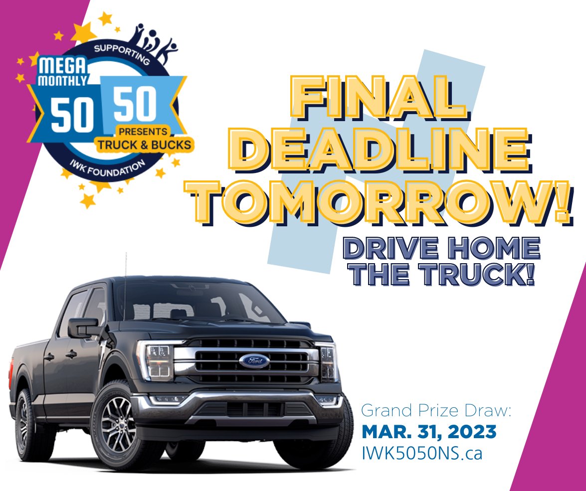 Will you drive home the winner? It's your last chance to enter to win in support of the IWK! Visit IWK5050ns.ca to purchase your tickets now. Final Deadline: March 31, at 9:00 a.m. #WinForKids