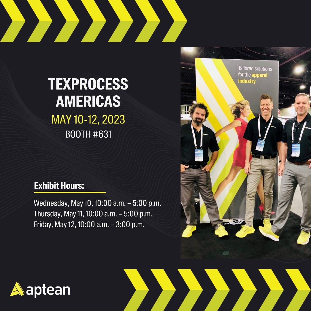 Aptean's tweet image. Spot the yellow, we&apos;ll say hello! Look for us at @TexprocessAmer in May. Co-sponsored by @SPESA_org this event is a great opportunity for retail, brand and manufacturing executives and professionals involved in the sewn products industry to network with peers. 
#Texprocess