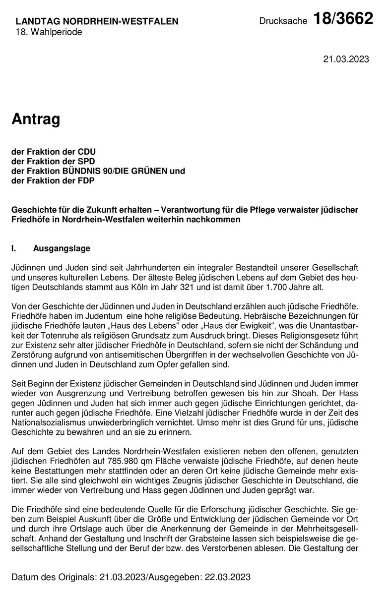 Begrüßenswerter Antrag im <a href="/Landtag_NRW/">Landtag NRW</a>: "Geschichte für die Zukunft erhalten – Verantwortung für die Pflege verwaister jüdischer Friedhöfe in #NRW weiterhin nachkommen."