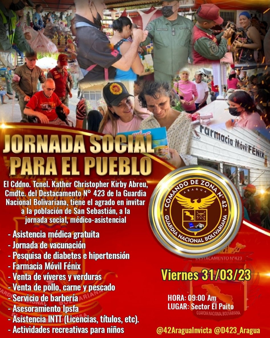 PacEl_Loro's tweet photo. #30Mar el Destacamento N° 423 tiene el agrado de invitar a la colectividad, a la Gran Jornada Médico Asistencial a realizarse en el Sector el Paito, Municipio San Sebastián de los Reyes Estado Aragua Asiste!! #SanSebastián #Aragua #JornadaSocial #GNB #FANB #GNBCentinelasDelPueblo https://t.co/5cMtzuw6x4