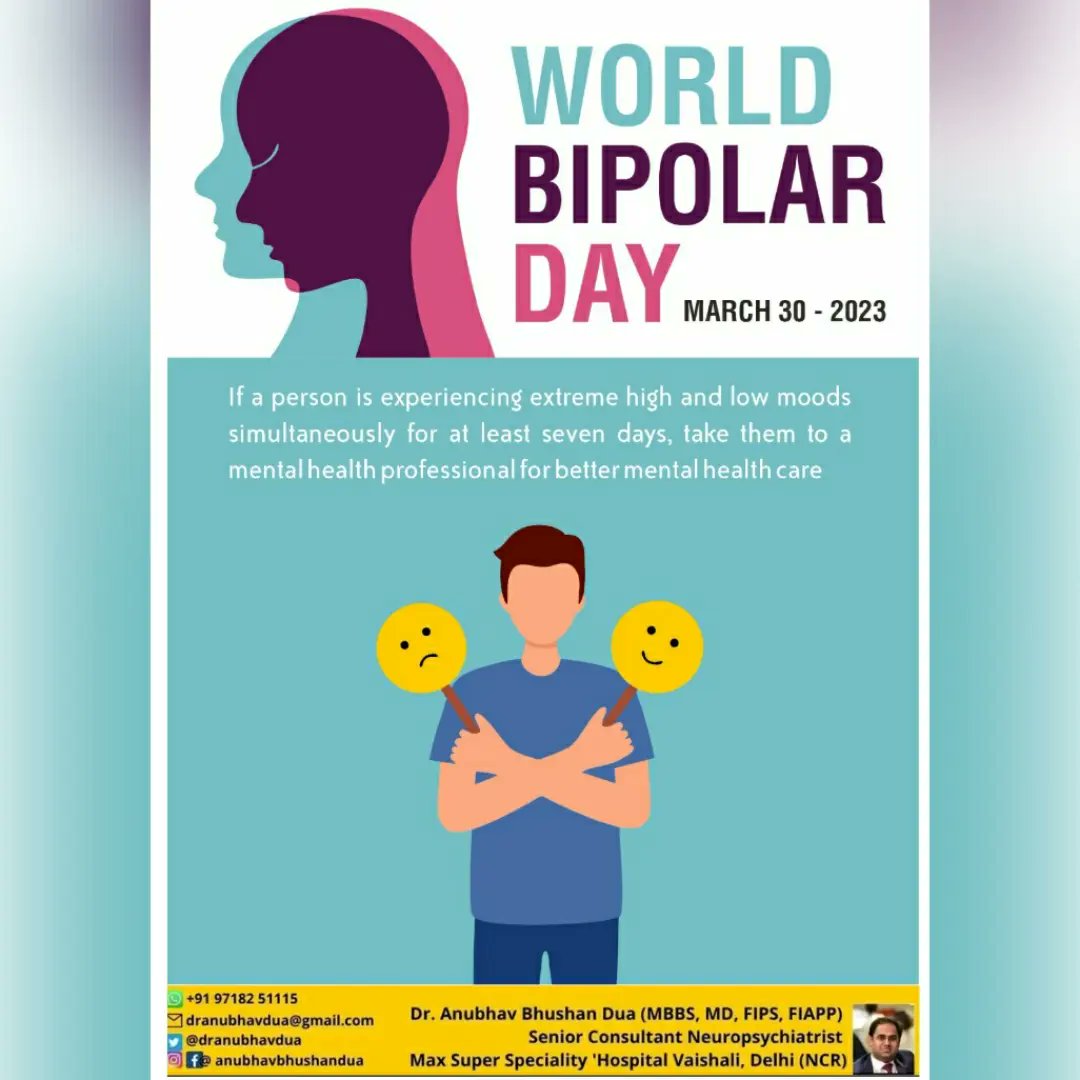 WORLD BIPOLAR DAY 2023 !! 🧠 By DR. ANUBHAV BHUSHAN DUA  Senior Consultant Neuro-Psychiatrist

 #depression #therapy #doctor #mentalillness #anxiety  #dranubhavdua #psychiatrist #duaneurocare #emotionalwealth #worldbipolarday2023 #bipolarawareness #bipolardisorderawareness