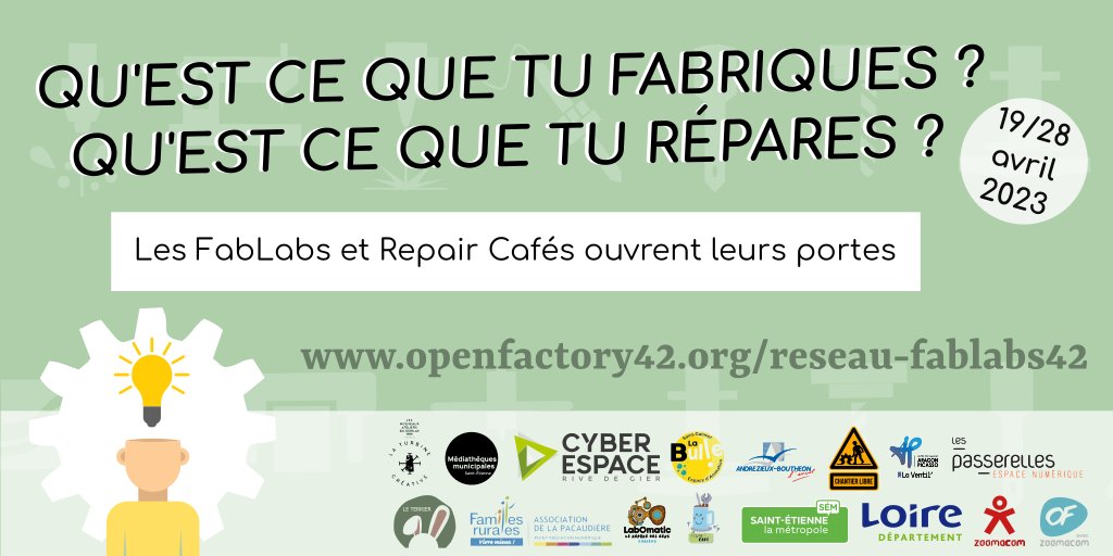 #Makers42 

Du mercredi 19 au vendredi 28 avril, des FabLabs et Repair Cafés de la Loire  vous ouvrent leurs portes.

Plus d'infos sur: openfactory42.org/reseau-fablabs…