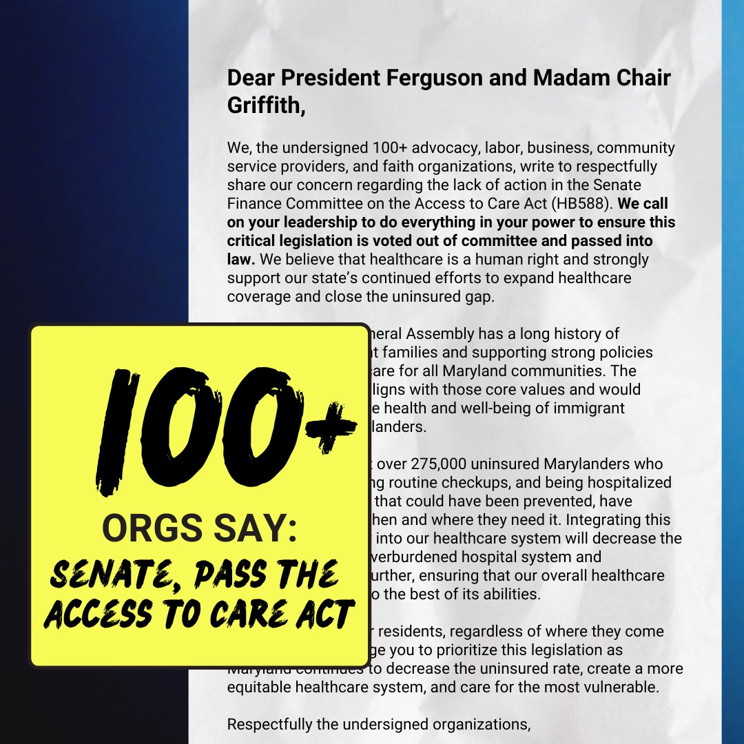 wearecasaorg's tweet photo. @CASAforAll is proud to stand in support of healthcare for all immigrant Marylanders, regardless of immigration status. @SenBillFerg @MDSenate #ChairGriffith Put #HB588 on a voting list today! https://t.co/7jWBF82bzZ