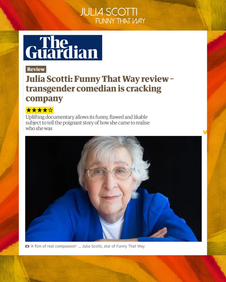How amazing that Julia Scotti: Funny That Way has received 4 stars from its latest <a href="/guardian/">The Guardian</a> review! 

You can watch <a href="/JuliaScottiFilm/">Julia Scotti: Funny That Way 🏳️‍⚧️ Now on VOD!</a> from TOMORROW on @bohemiaeuphoria in celebration of Transgender Day Of Visibility. We definitely recommend checking it out. #TDOV2023
