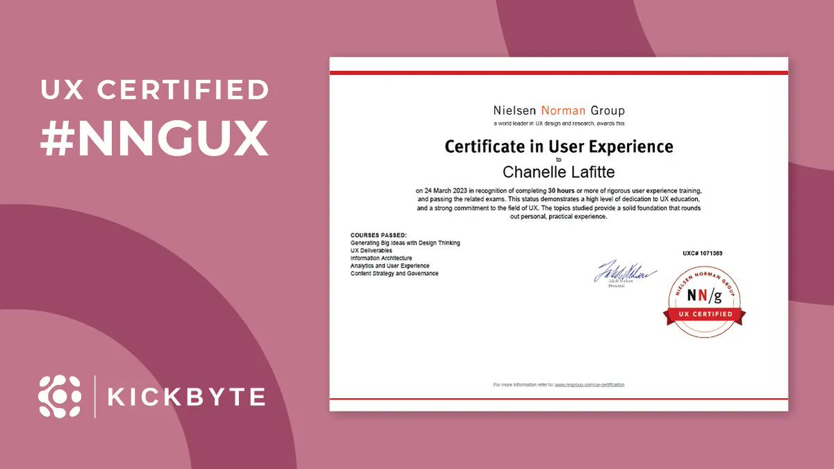kickbytedigital's tweet photo. Our Creative Lead, Chanelle has earned herself a brand new UX certification with Nielsen Norman Group! Great job Chanelle we can't wait to see your new skills in action.
#Kickbyte #NNGUX #UX #userexperience #UXdesign #userexperiencedesign #UXyeg #yegdesign https://t.co/YawiLpRRBK