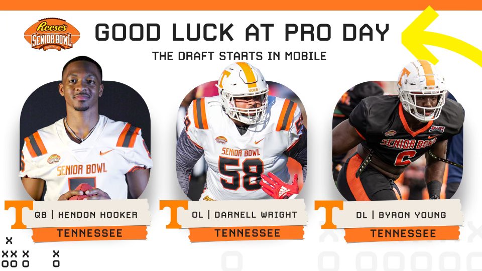 seniorbowl's tweet photo. 🍊 Good Luck at #ProDay to Senior Bowl and @Vol_Football alums @henhook2 @darnell_5232 @byron_97 #GBO #VFL #BestOfTheBest #TheDraftStartsInMOBILE™️ https://t.co/KZtga2EsHh