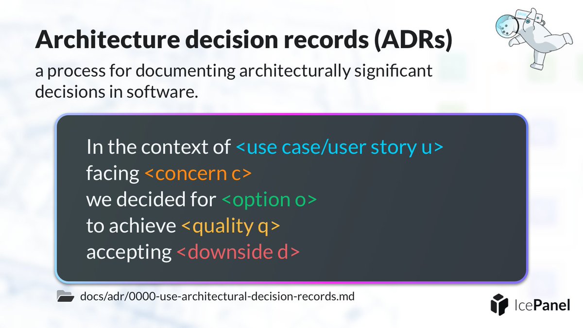 ice_panel's tweet image. Architecture decision records (ADRs) document architecturally significant decisions made over time

📕 Read: u.icepanel.io/b07f7294 (3 min)

#SoftwareArchitecture #SoftwareEnginering #ADR #SystemDesign #SoftwareDevelopment #SoftwareDeveloper
