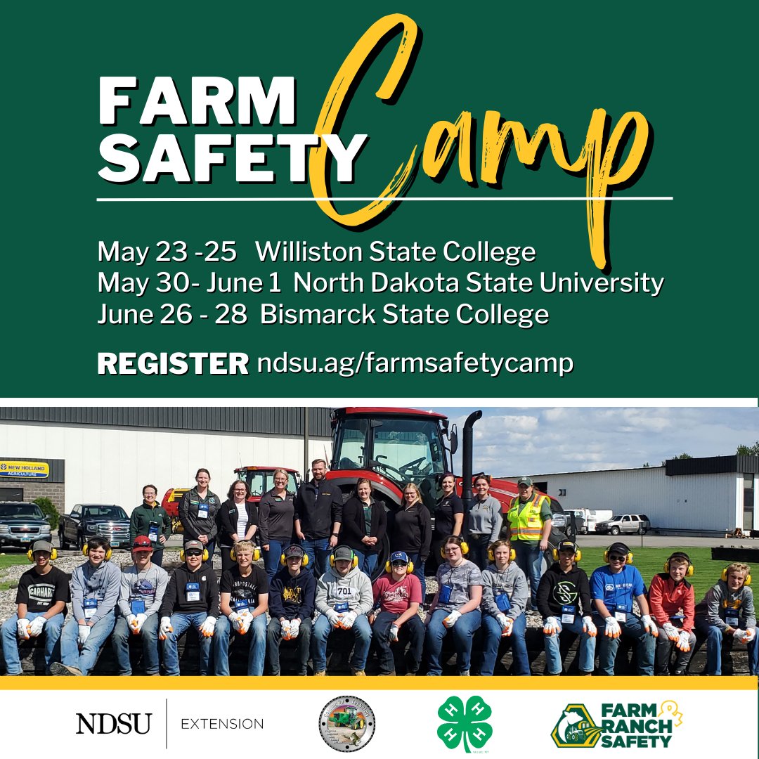 Registration for our POPULAR Farm Safety Camp opens April 1 (no foolin') at 8 a.m. We have room for 16 campers at each camp. Put it on your calendar and set a reminder so you can make sure to secure a spot.

What is camp all about?  ag.ndsu.edu/news/newsrelea…