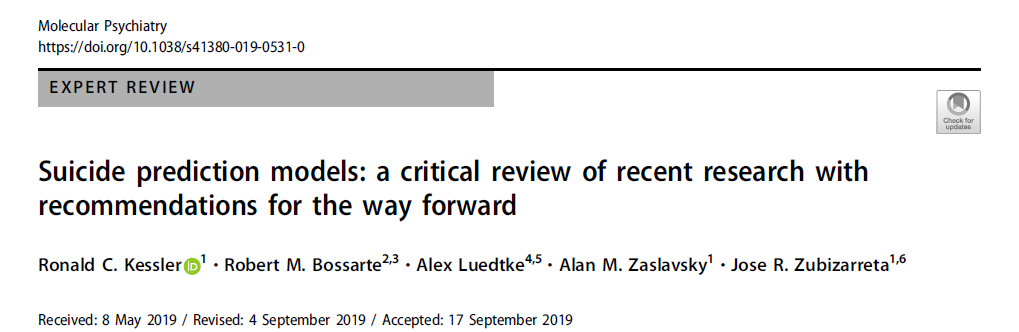 JoseEROtero's tweet photo. El tema de hoy son los modelos de predicción del suicidio y el artículo: "Suicide prediction models: a critical review of recent research with recommendations for the way forward" de Ronald C. Kessler y cols. 

https://t.co/Xs6Sa2NUyM

Abro hilo 🧵

#articulodeljueves https://t.co/ftIrHqlYsQ