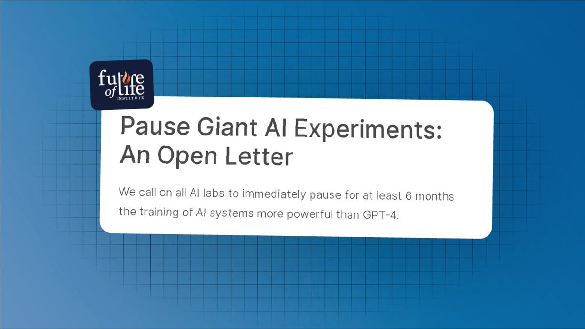 We call on all #AI labs to immediately pause for at least 6 months the training of AI systems more powerful than GPT-4. 
Add your signature on the link: they already did... <a href="/tristanharris/">Tristan Harris</a> <a href="/aza/">Aza Raskin</a> <a href="/elonmusk/">Elon Musk</a> <a href="/stevewoz/">Steve Wozniak</a> <a href="/AndrewYang/">Andrew Yang🧢⬆️🇺🇸</a> <a href="/EMostaque/">Emad</a> <a href="/NPCollapse/">Connor Leahy</a>
>> futureoflife.org/open-letter/pa…