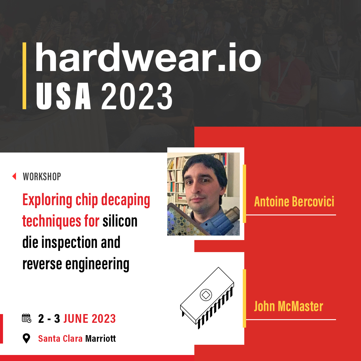 hardwear_io's tweet photo. 🥼Dive into 💽#chip decaping techniques for🔬silicon die inspection &amp; 🔁RE

💡In this Workshop by Antoine @Siliconinsid &amp; John @johndmcmaster you will be exploring various techniques that can be used to remove chip packaging

✅Register➡️https://t.co/qMylsdl6gF

#hw_ioUSA2023 https://t.co/9FoMjasLdC