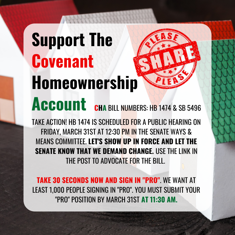 Take action! HB 1474 is scheduled for a public hearing on Friday, March 31 at 12:30pm in the Senate Ways &amp; Means Committee. Committee members want to see that the public is advocating for the bill as well. 

Sign in "Pro": app.leg.wa.gov/csi/Testifier/…