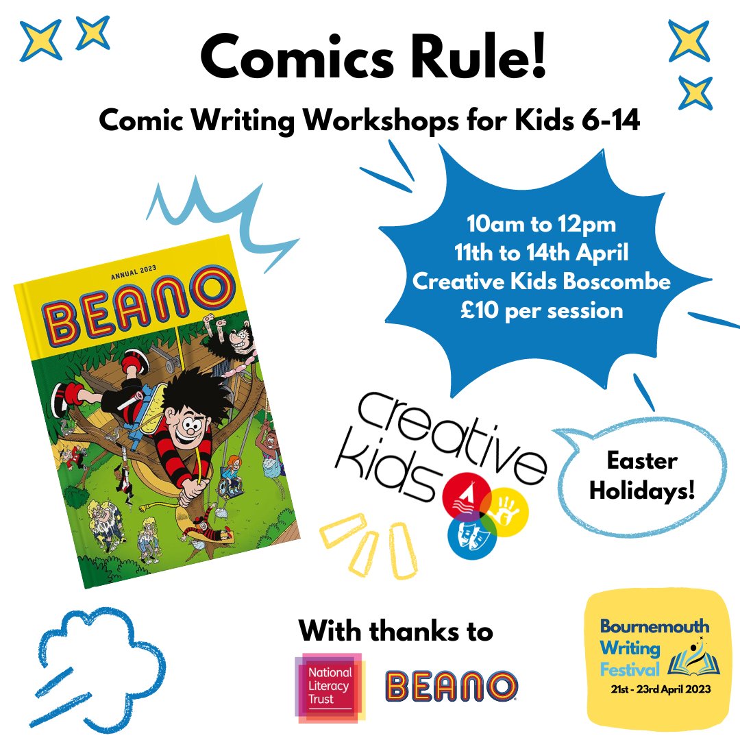 BmthWritingFest's tweet image. Next in our focus of writing events for children is Comic Writing Workshops at the charity @creativekidsuk in Boscombe during the #easterholidays!

Supported by @Literacy_Trust and @BeanoOfficial, kids between 6 and 14 will produce their own comic!

1/2
#creativewritingforkids