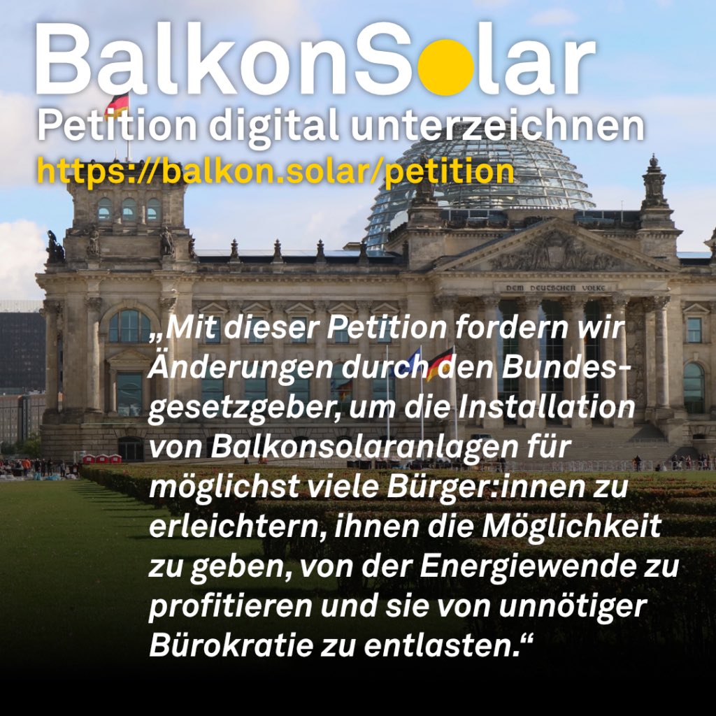 Wir unterstützen die Forderungen des @VDEpolitik nach Vereinfachungen bei #Balkonsolar (Schukostecker, 800 W, …) und haben eine Petition beim #Bundestag, zusammen mit <a href="/AkkuDoktor/">Akkudoktor</a>, <a href="/Umwelthilfe/">Deutsche Umwelthilfe</a>, <a href="/sfv_de/">Solarenergie Förderverein Deutschland e.V. | SFV</a>, <a href="/solarpapst/">Stefan Krauter</a> et al eingereicht: epetitionen.bundestag.de/petitionen/_20… - jetzt mitzeichnen!