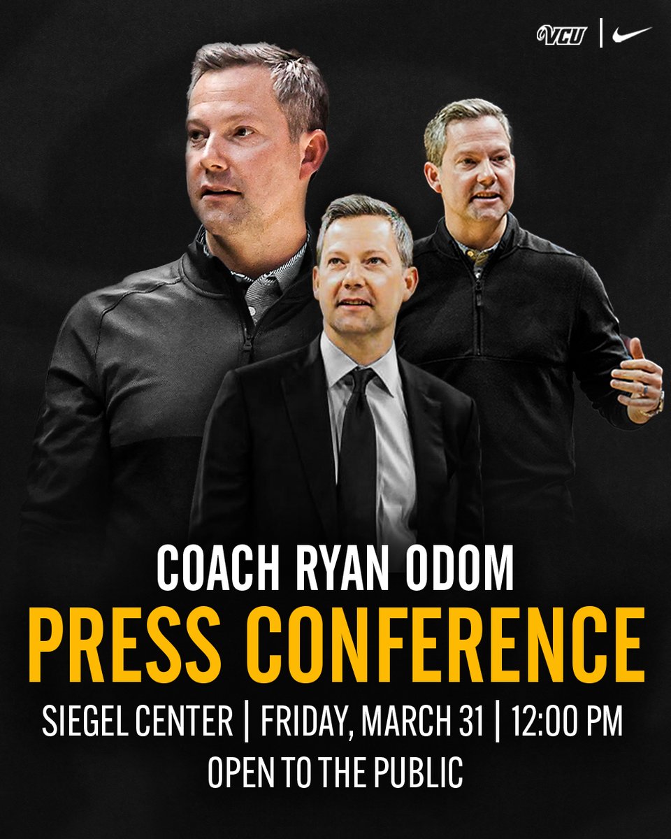 Coach Ryan Odom 𝙄𝙣𝙩𝙧𝙤𝙙𝙪𝙘𝙩𝙤𝙧𝙮 𝙋𝙧𝙚𝙨𝙨 𝘾𝙤𝙣𝙛𝙚𝙧𝙚𝙣𝙘𝙚 TOMORROW 📍 Siegel Center 🗓️ Friday, March 31st ⏰ 12:00 PM Open to the public-paid parking available in the Broad Street parking deck. #UNLIMITED #LetsGoVCU