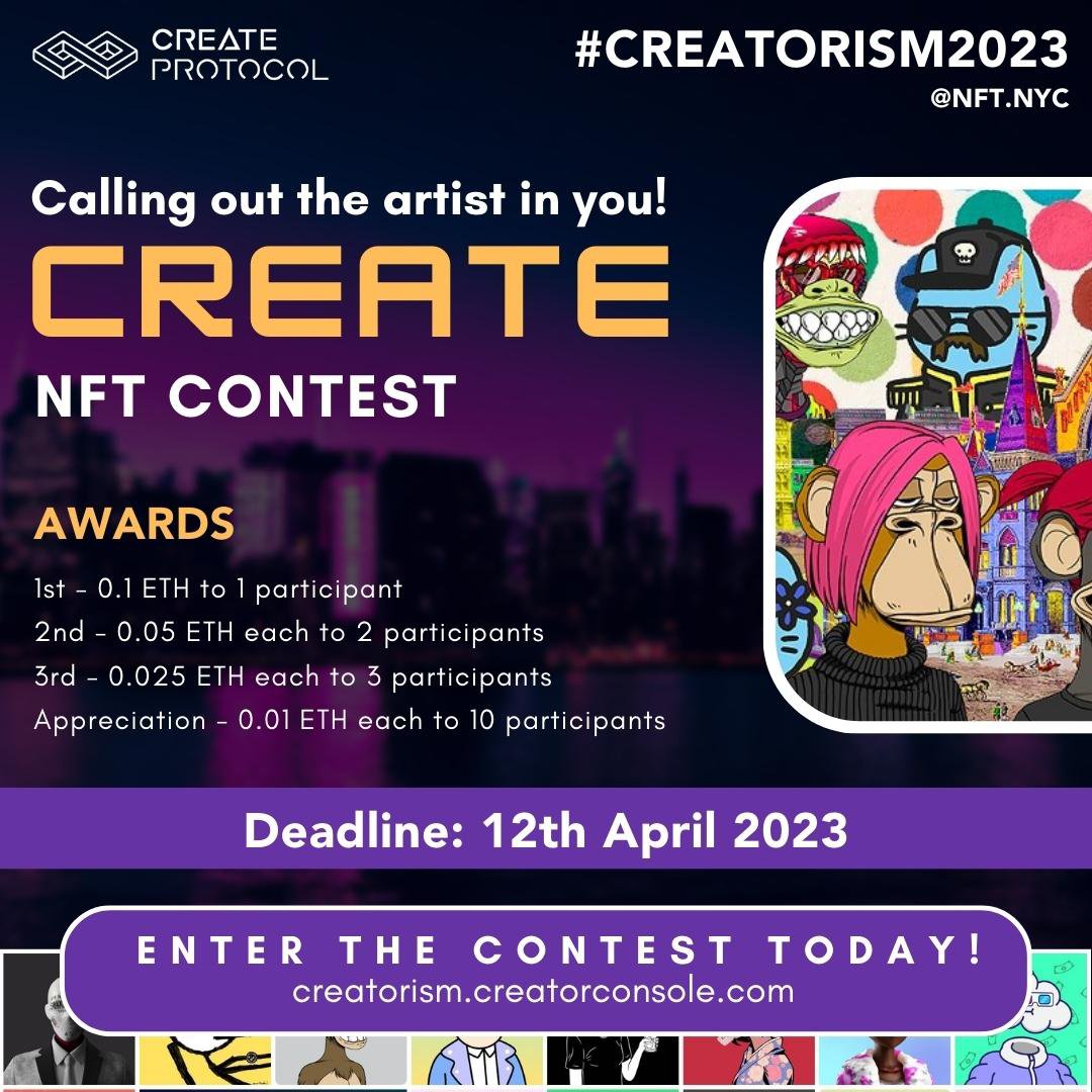 CreateProtocol's tweet image. 🎉Attention #NFTenthusiasts🎉

1/We're excited to announce the #NFTcontest for our upcoming event #CREATORISM2023 during @NFT_NYC 

To participate,simply follow these easy steps:
1️⃣Create an NFT
2️⃣Mint it on Creator Console
3️⃣List it on any #NFTMarketplace of your choice.
Cont👇