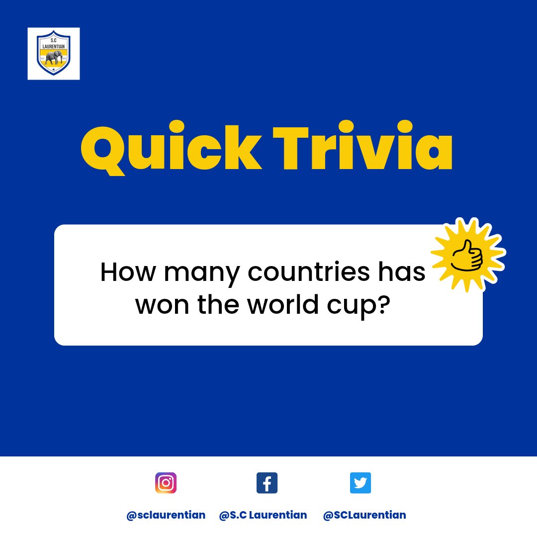 You think you know about football? 

How many countries do you think have won the world cup? 😁🤸🏽‍♂️
 #sclaurentian #footballtrivia #worldcup #ghanafootballleague #footballclubsinghana #cinchleague1 #Scottishleagueone #spflleague1 #cinchspfl #LeagueTwo #cinchleaguetwo
#lowlandleague