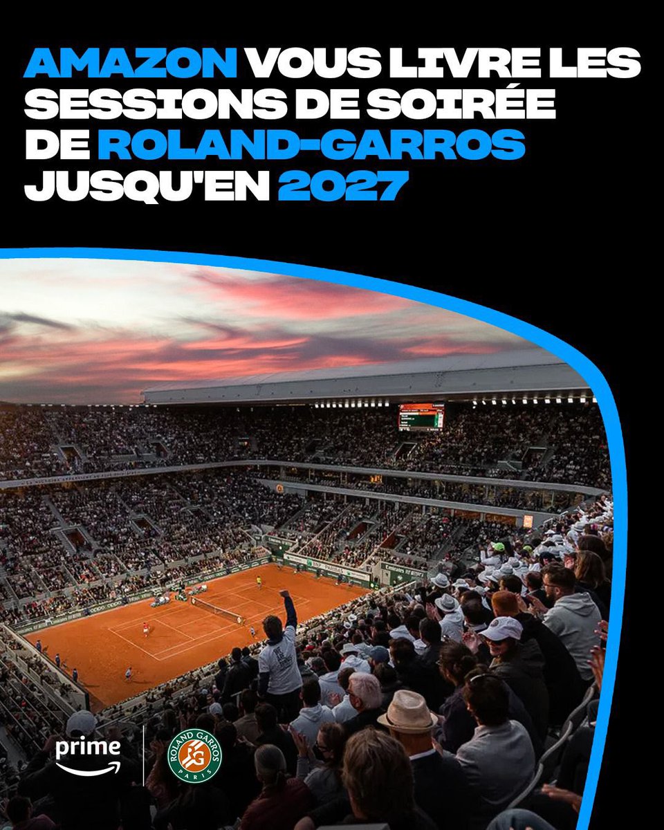 PVSportFR's tweet photo. 🎾 Amazon a obtenu les droits de diffusion des 11 sessions de soirée (dont deux 1/4 de finale) de Roland-Garros en direct et en exclusivité à compter de 2024 et jusqu’en 2027. Les membres Prime en France auront accès à cette diffusion sans coût additionnel.🏆
#RGsurPrime https://t.co/YZ35poaOou