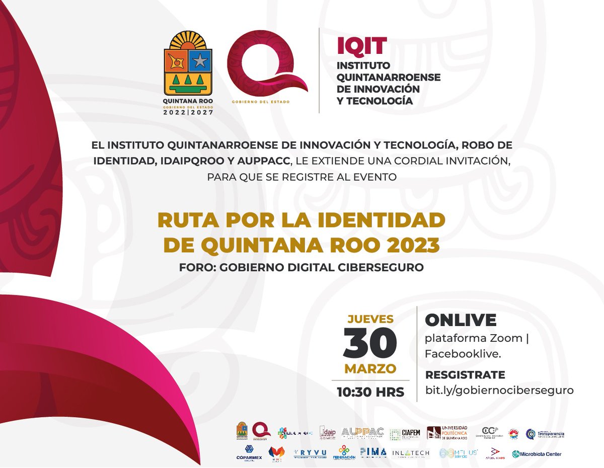 atdqroo's tweet photo. ¡Todavía estas a tiempo!
Participa en nuestro Foro Gobierno Digital Ciberseguro.
Regístrate: https://t.co/ppQb2CNuMD
jueves 30 de marzo de 2023
9:30 AM (CDMX) 10:30 AM (Quintana Roo)
Evento Virtual
#UnidosParaTransformar
#ciberseguridad
#VentanillaDigital https://t.co/Wqwj3Hs9ZY