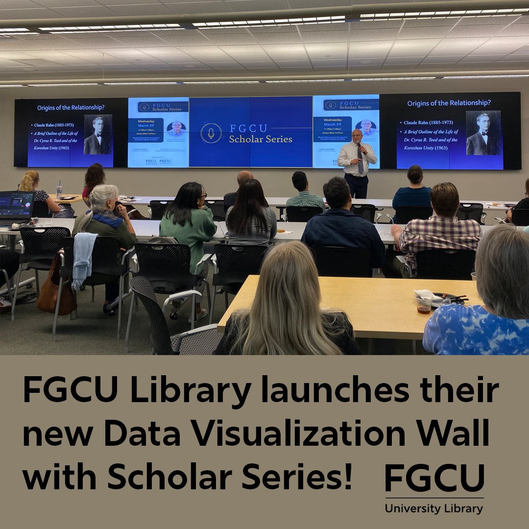 On Wednesday, March 29, nearly 50 people attended #ScholarSeries at the #UniversityLibrary. It was the inaugural use of our brand new #datavisualizationwall and Dr. Tom Cimarusti gave a  talk on his recent discoveries of the #Koreshans from the #archives.  #library #fgculibrary