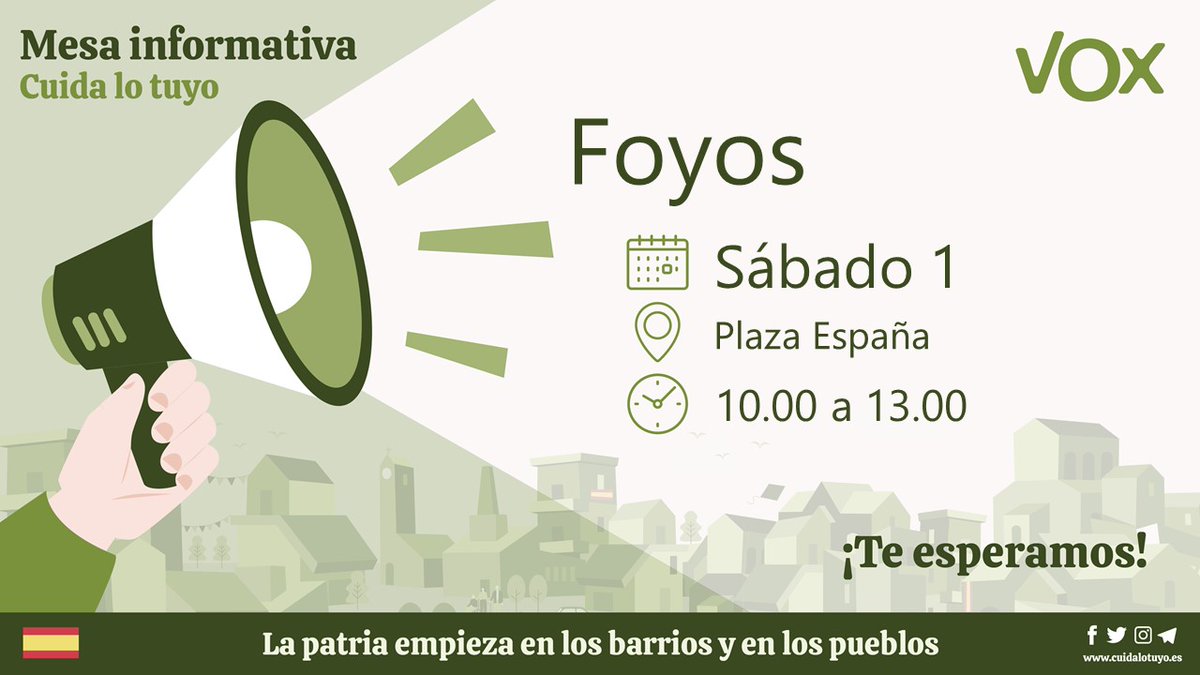 VOX_Valencia's tweet photo. 📢 Nuevas mesas informativas para este fin de semana en la provincia de Valencia.
📆 Sábado, 1 de abril de 2023.
📍 Estaremos en #ElPuigDeSantamaría, #Foyos, #manises y #Massanassa.
¡Te esperamos! https://t.co/cu7I5ukMvI