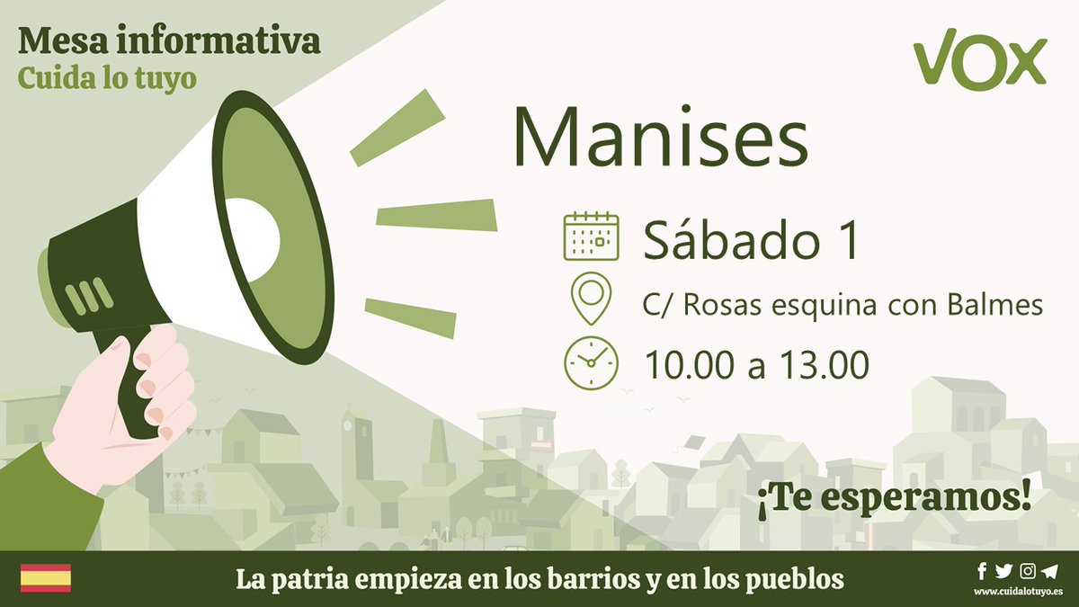 VOX_Valencia's tweet photo. 📢 Nuevas mesas informativas para este fin de semana en la provincia de Valencia.
📆 Sábado, 1 de abril de 2023.
📍 Estaremos en #ElPuigDeSantamaría, #Foyos, #manises y #Massanassa.
¡Te esperamos! https://t.co/cu7I5ukMvI