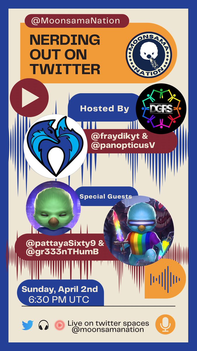Let’s be real? In need of some “Nerd talk?” Join <a href="/MoonsamaNation/">Moonsama Nation</a> as <a href="/fraydikyt/">Kyt</a> &amp; @PanopticusV nerd out with <a href="/PattayaSixty9/">Pattaya69</a> &amp; <a href="/gr333nthumb/">Dr. Greenthumb</a>! 
I’m sure these #degens can mentor Fray to what it means to be a <a href="/MoonsamaNFT/">Moonsama</a> degen.
Sounds like this will be a relaxing space. 
Nothing