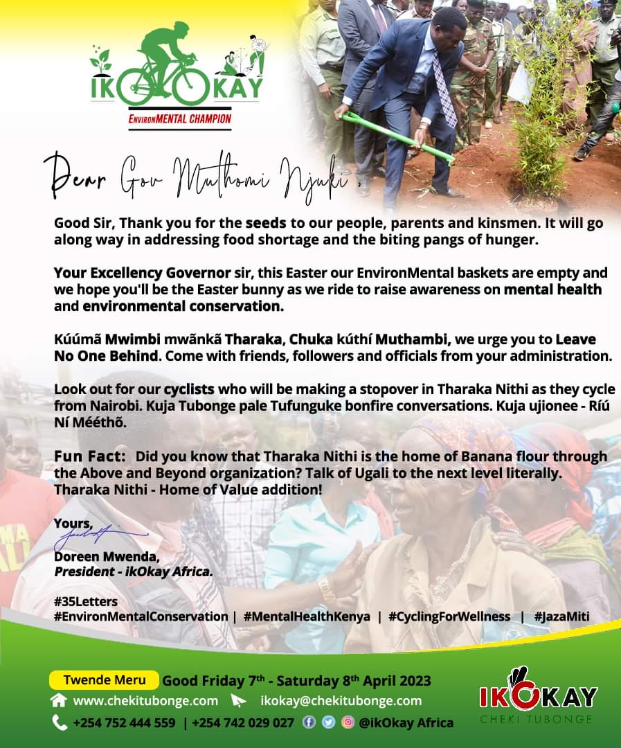 ikokay_africa's tweet photo. With Love from ikOkay Africa to Governor Muthomi Njuki
#ChekiTubonge
As we cycle from Nairobi to Meru through Tharaka Nithi for the EnvironMental wellness and Grow a Tree Program, Karibu and be part of us this Easter.
See you there.
#35Letters
#CyclingForWellness
#JazaMiti https://t.co/IvcPtGIf2H