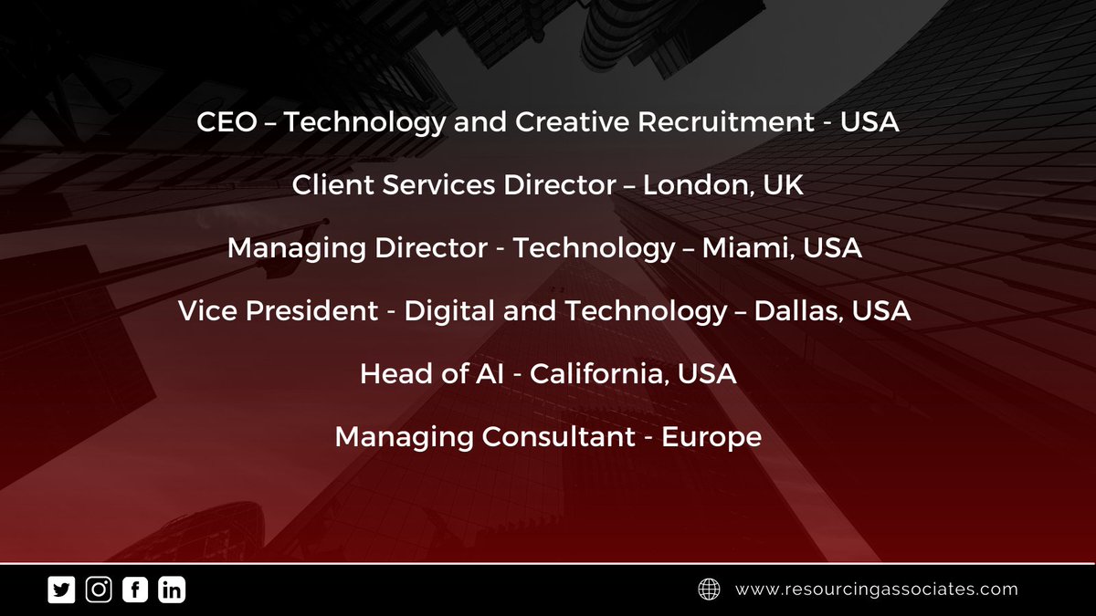 ResourcesAssoc's tweet image. For more info on these or to discuss what opportunities we have contact us today:
T (UK): 0203 983 9300
T (US): +1 (646) 993 7350
E: enquiries@resourcingassociates.com

#technologyrecruitment #londonjobs #miamijobs #rec2rec #r2r #recruitment2recruitment #recruitment #jobsearch