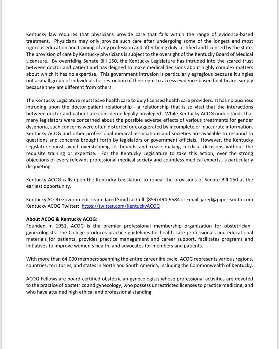 #KYACOG statement on the Kentucky Legislature’s override of @GovAndyBeshear #VETO of #SB150. We must do better for ALL our people. @KYMedAssoc @ACOGAction @acog_v @FairnessCamp @ACLUofKY @heraldleader @courierjournal #obgyntwitter @AmerMedicalAssn @PiperSmithky