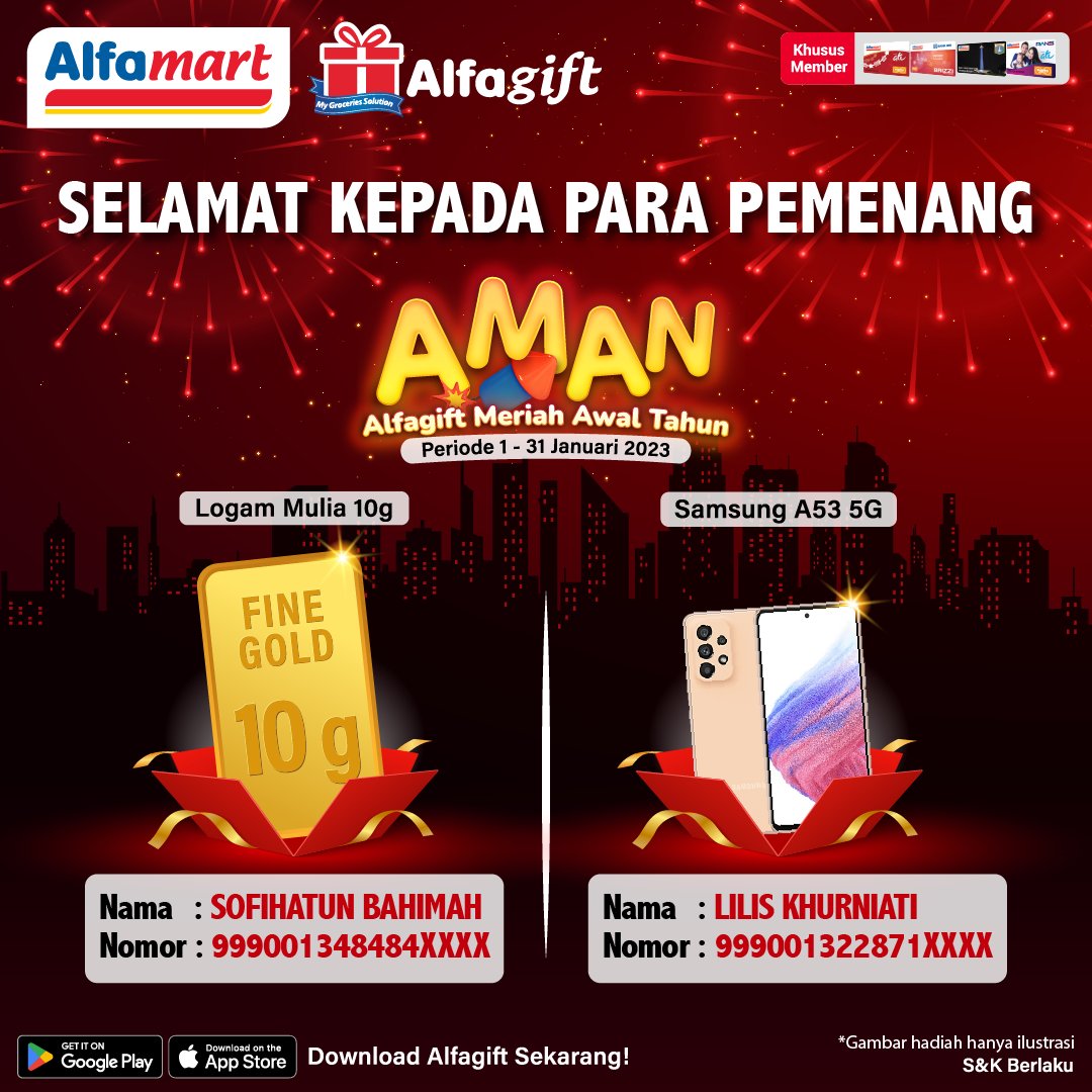 alfamart's tweet photo. 📣📣SELAMAT!!⁣⁣⁣⁣ 🎉🎉🎉🎉
Kepada para pemenang beruntung yang telah berpartisipasi dalam Promo  AMAN Periode 1 - 31 Jan 2023
⁣⁣⁣
Segera konfirmasi melalui ALFACARE di 1500 - 959 / alfacare@sat.co.id maks 31 April 2023 atau bisa lewat DM IG @Alfamart ya https://t.co/LheVeDhpOs