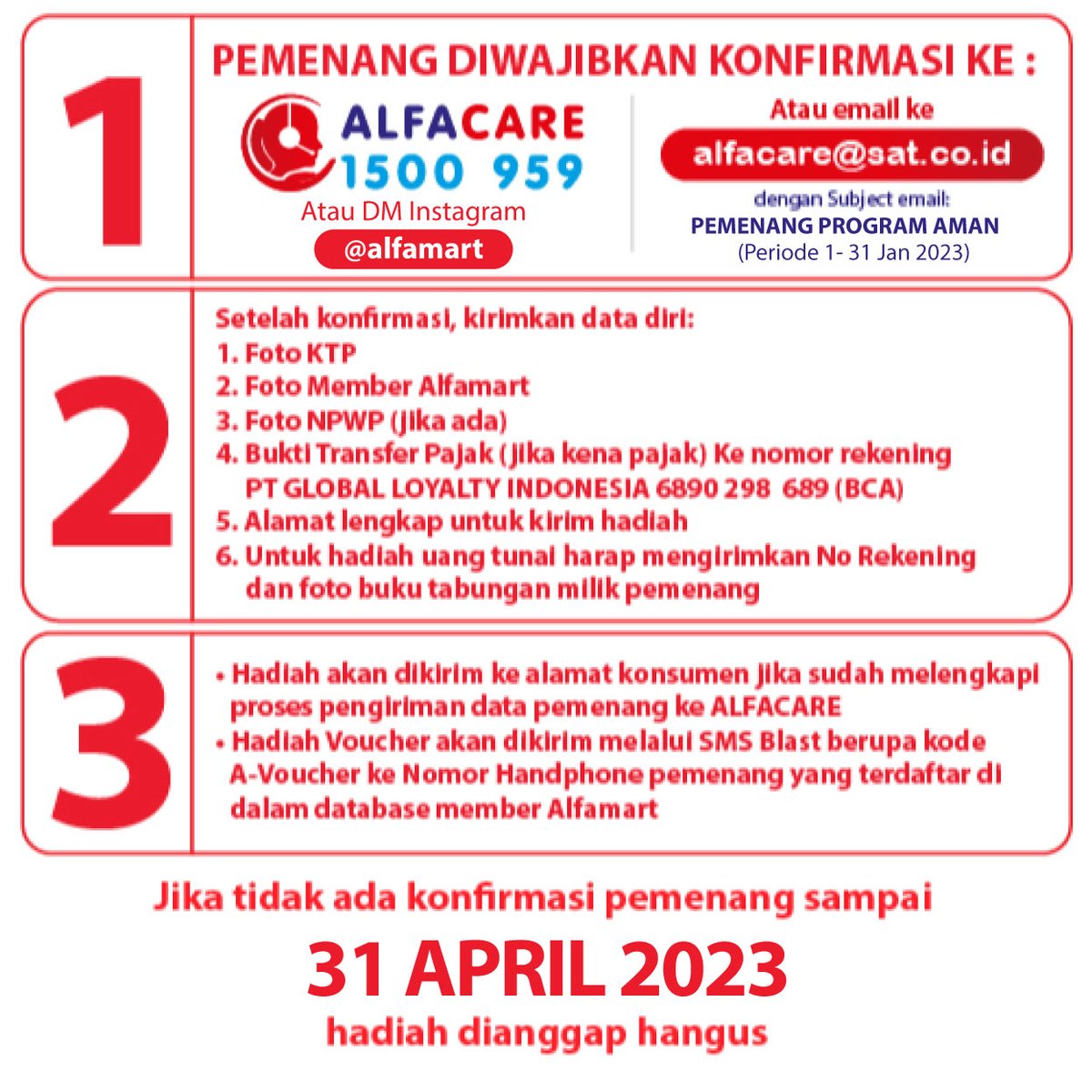alfamart's tweet photo. 📣📣SELAMAT!!⁣⁣⁣⁣ 🎉🎉🎉🎉
Kepada para pemenang beruntung yang telah berpartisipasi dalam Promo  AMAN Periode 1 - 31 Jan 2023
⁣⁣⁣
Segera konfirmasi melalui ALFACARE di 1500 - 959 / alfacare@sat.co.id maks 31 April 2023 atau bisa lewat DM IG @Alfamart ya https://t.co/LheVeDhpOs