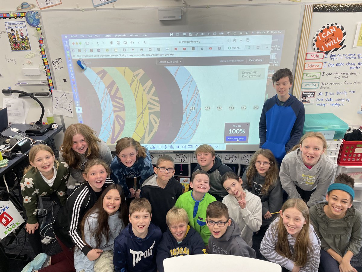 SandyGlasser's tweet photo. 138 rings, right before we leave for Spring break. Ten students absent today but these kids who are here are rocking it out! #learnstorm #springchallange @khanacademy @JayLarner https://t.co/k8IZyNCYIi