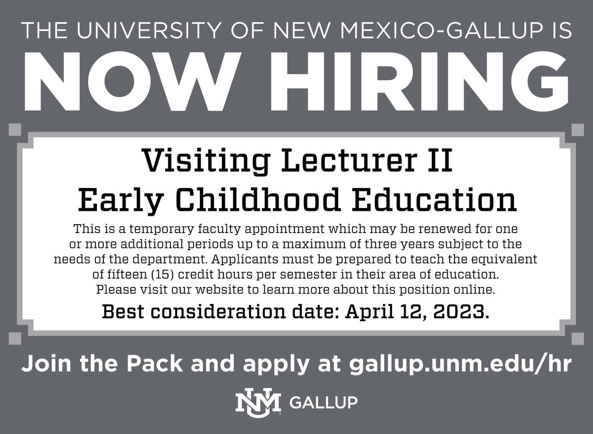 The University of New Mexico-Gallup is now hiring a Lecturer II for the Medical Laboratory Technology (MLT) program as well as a Visiting Lecturer II for the Early Childhood Education program. 

To learn more about these positions and to apply, visit: gallup.unm.edu/hr.