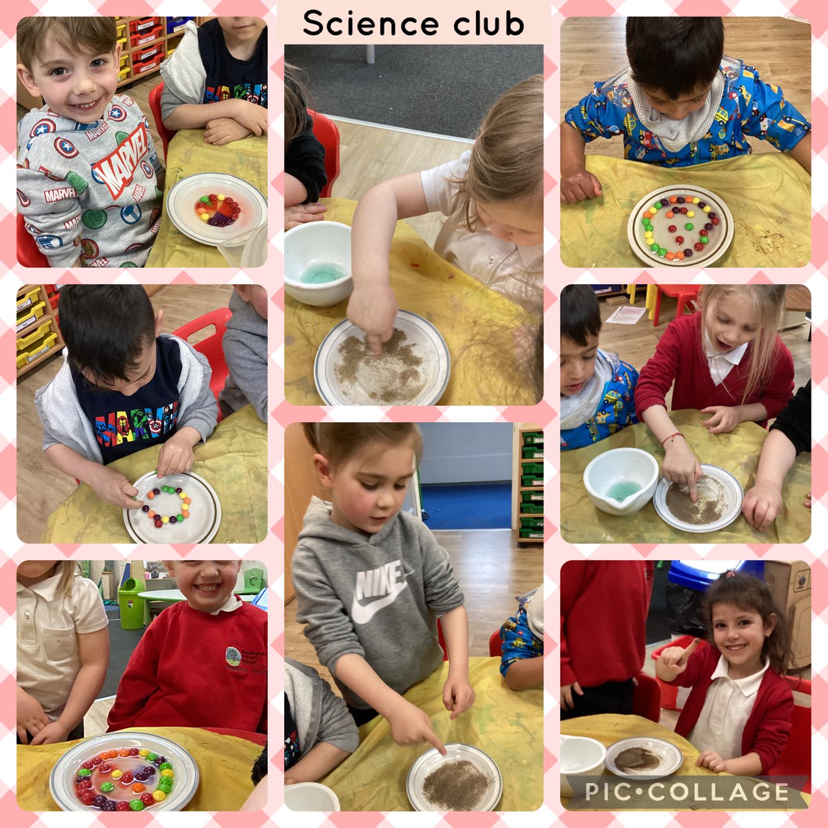 RockinghamEYFS's tweet photo. Science club week 4! Exploring pepper and watching what happens when we add soap to our finger and it disperses. We also added water to our skittles and watched the colours mix together to make what J described as ’oil splashes on the ground.” 
#rockinghamscience @rockinghamrh3 https://t.co/cAZTyQe0qu