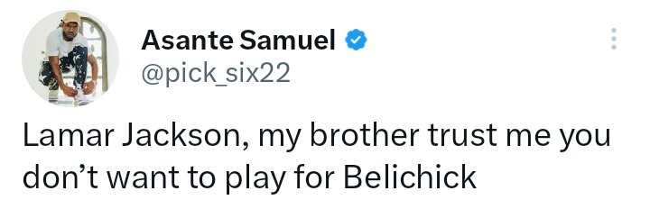 NFL_DovKleiman's tweet photo. Former #Patriots Super Bowl Champion CB Asante Samuel warns #Ravens QB Lamar Jackson from playing for Bill Belichick. https://t.co/GDYbC0ZPkl